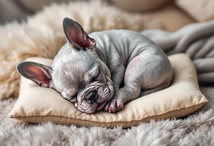 Sleeping French Bulldog puppy curled up in a ball, with light gray fur and subtle cream highlights, set on a cozy pillow. tattoo idea