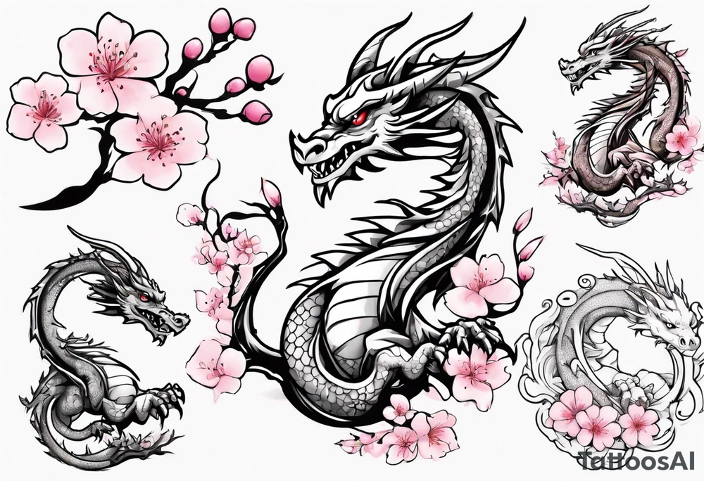 cartoon dragon on cherry blossom branch tattoo idea