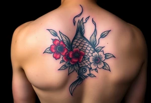 Une carpe koi avec des fleurs en couleur sur le bras tattoo idea