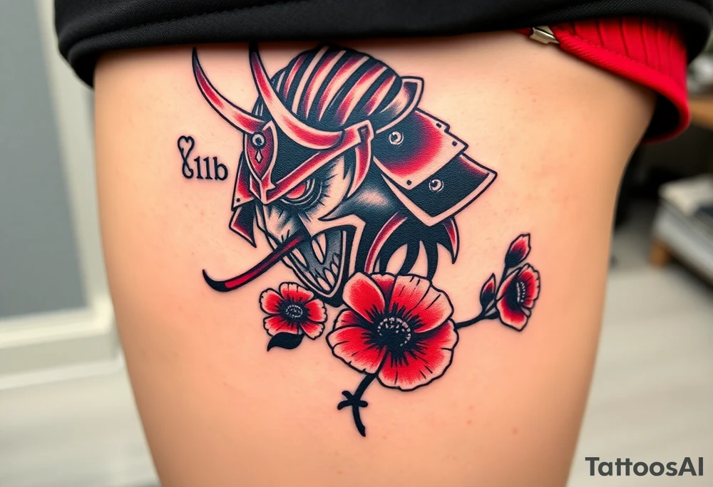 Rouge ronin with smoke coming out of its mouth with 11b tattooed under its left eye with 1 poppy on each side of the ronin tattoo idea