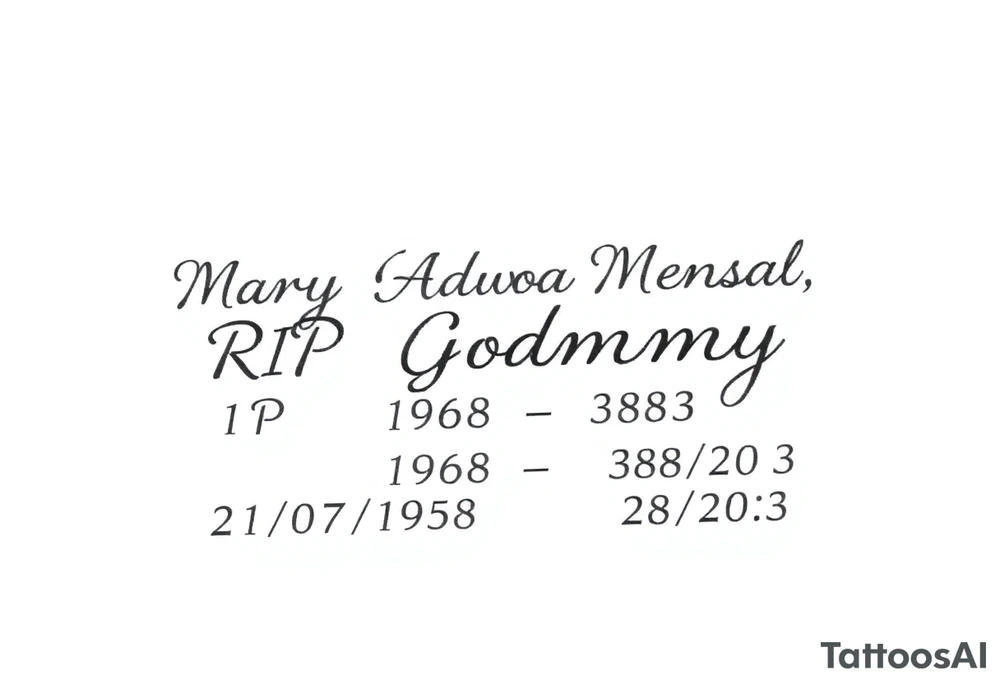 a message saying: Mary "Adwoa" Mensah, RIP Godmummy, 21/07/1958 - 28/07/2023 tattoo idea