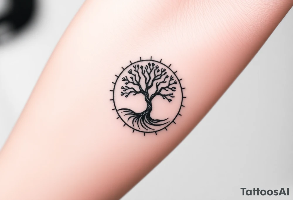 Tree inside of a spiral moving sun tattoo idea