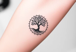 Tree inside of a spiral moving sun tattoo idea