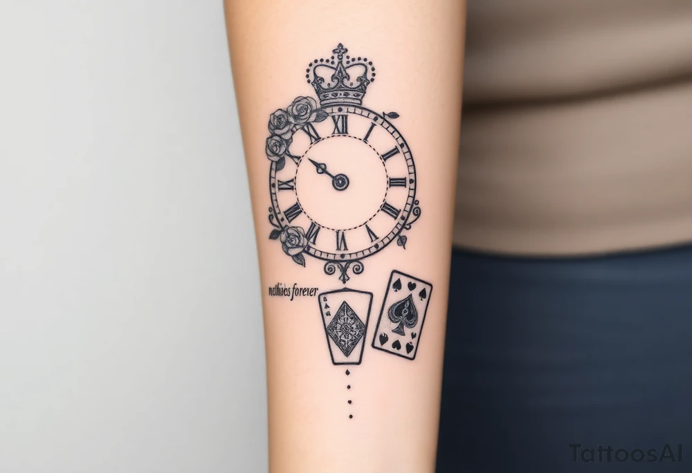 Roman clock with roses and a crown,  a quote that says nothings forever. and on the bottom a deck of cards tattoo idea
