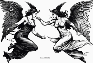 angel woman and devil woman fighting, arguing on the sky , big wings and full body, angel at the right side and have normal wing but devil woman at the left side and with bat wing tattoo idea