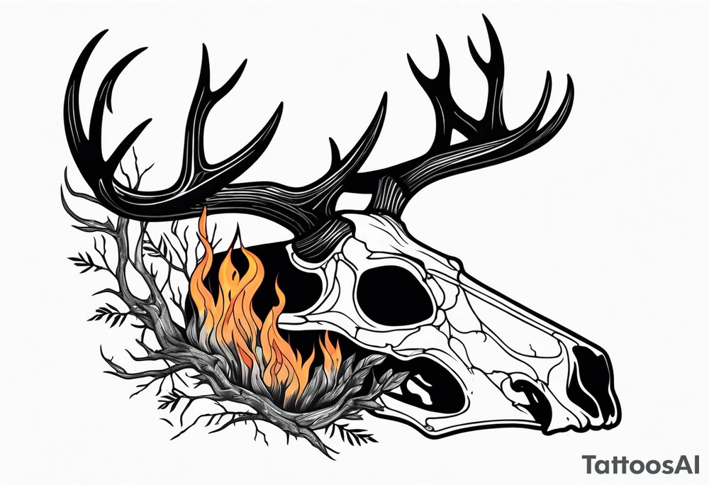 side profile of a deer skull JUST BONE surrounded by a flames and trees tattoo idea