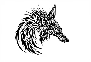 a creature that looks strongly like a combination of Anubis, and a black hound, with the tall pointy ears of a jackal, looking back, serious and daring tattoo idea