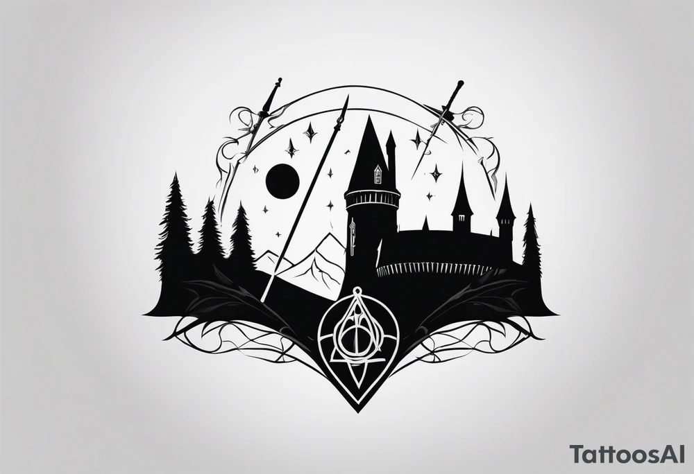 Lord of the rings with Harry Potter incorporated but clear visual of both movies. Small and minimal. Something like the deathly hallows symbol made out of swords and wizard staff from LOTR tattoo idea