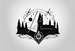 Lord of the rings with Harry Potter incorporated but clear visual of both movies. Small and minimal. Something like the deathly hallows symbol made out of swords and wizard staff from LOTR tattoo idea