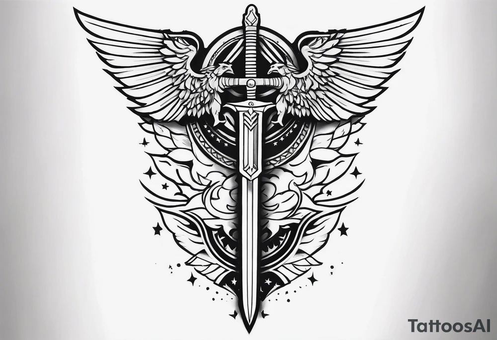 complete upper arm sleeve. Feature three mountain side by side, with 3 stars above them crossed sword patterns that evoke the Valkyrie spirit. Keep the design in clean, simple lines. tattoo idea