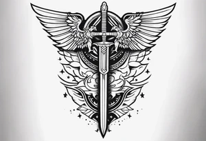 complete upper arm sleeve. Feature three mountain side by side, with 3 stars above them crossed sword patterns that evoke the Valkyrie spirit. Keep the design in clean, simple lines. tattoo idea