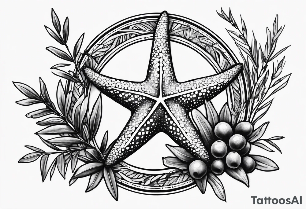 Two Starfish wrapped by olive branch in a circle tattoo idea