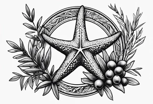 Two Starfish wrapped by olive branch in a circle tattoo idea