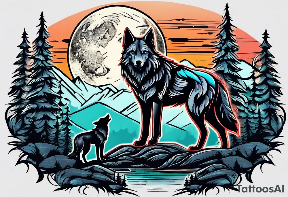 Mountains
Wolf
Forest
Sunset
Moon
Badass tattoo idea
