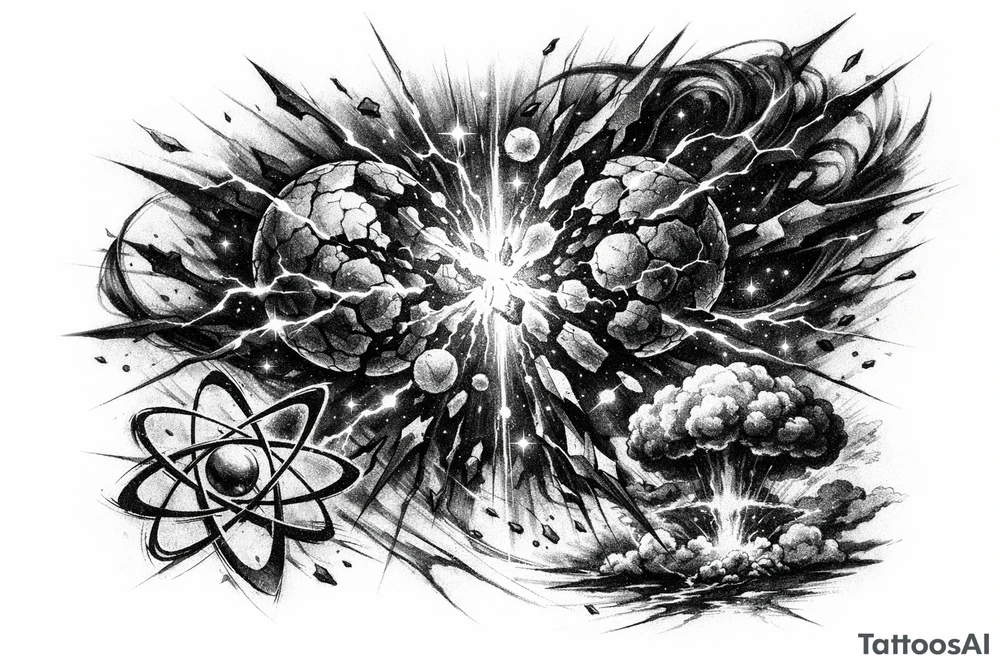 Abstract representation of nuclear fission with glowing particles and dark energy. tattoo idea