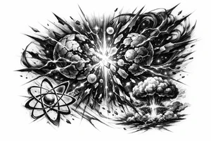 Abstract representation of nuclear fission with glowing particles and dark energy. tattoo idea