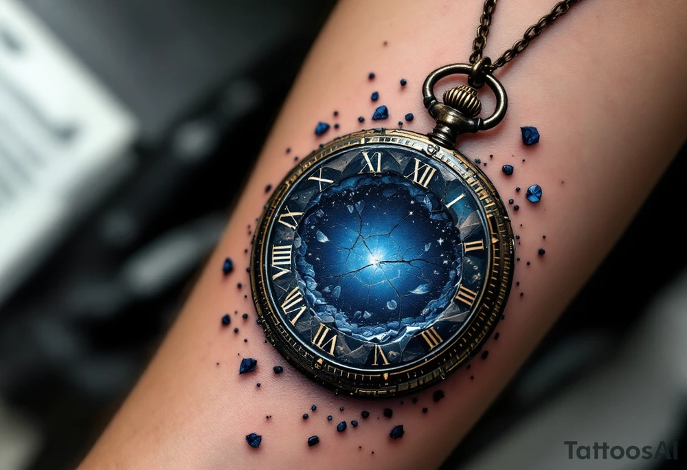 A cracked pocket watch suspended in midair, with Roman numerals floating away like petals, fading into a deep midnight blue void. tattoo idea