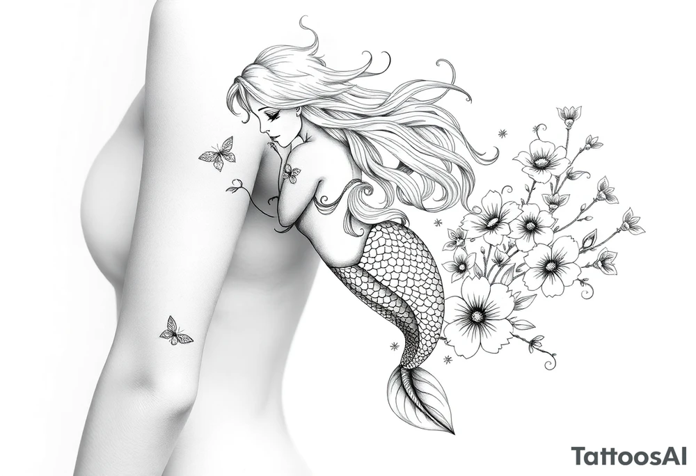ethereal mermaid with flowing hair among coral and sea flowers tattoo idea