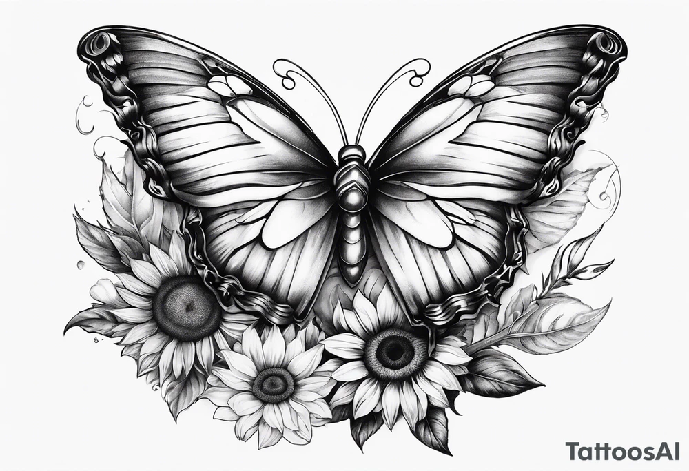 Sleeve with angel wings, sunflower and butterfly tattoo idea