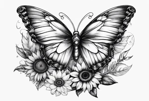 Sleeve with angel wings, sunflower and butterfly tattoo idea