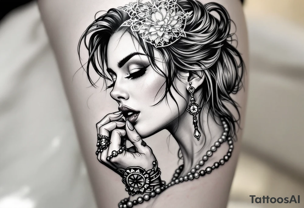Profile of sexy woman with messy hair 
,resting chin on fist 
, mouth open  , lace, lipstick,  pearls 
compass and  hand gun  rosary wrapped around hand tattoo idea