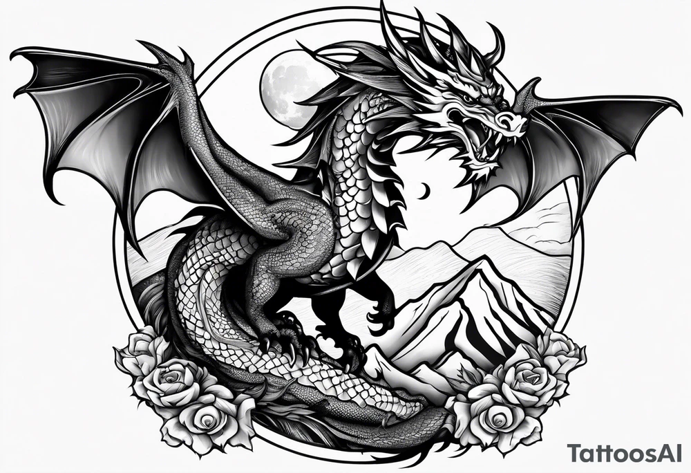Mexican dragon flying over a mountain and around the moon arm sleeve tattoo idea