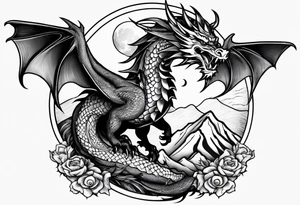Mexican dragon flying over a mountain and around the moon arm sleeve tattoo idea