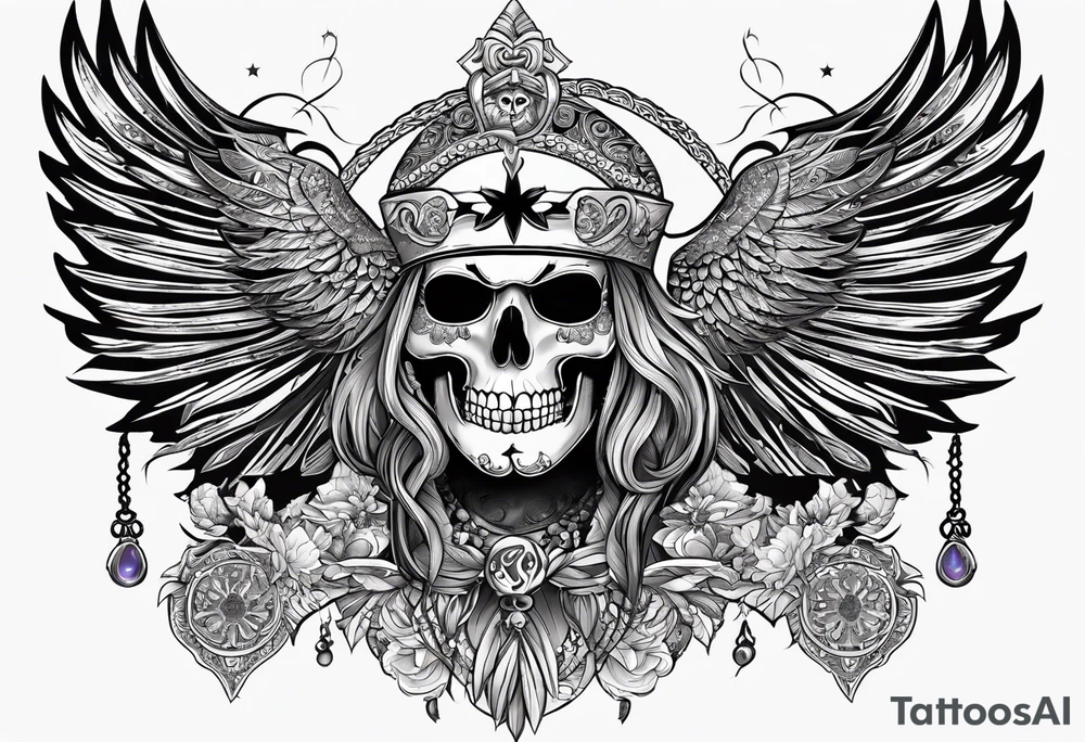 black kali, goddess pirate, pachamama, valkrye, warrior, skull, lotus azul, wing, eagle, zenza resonance, stars tattoo idea
