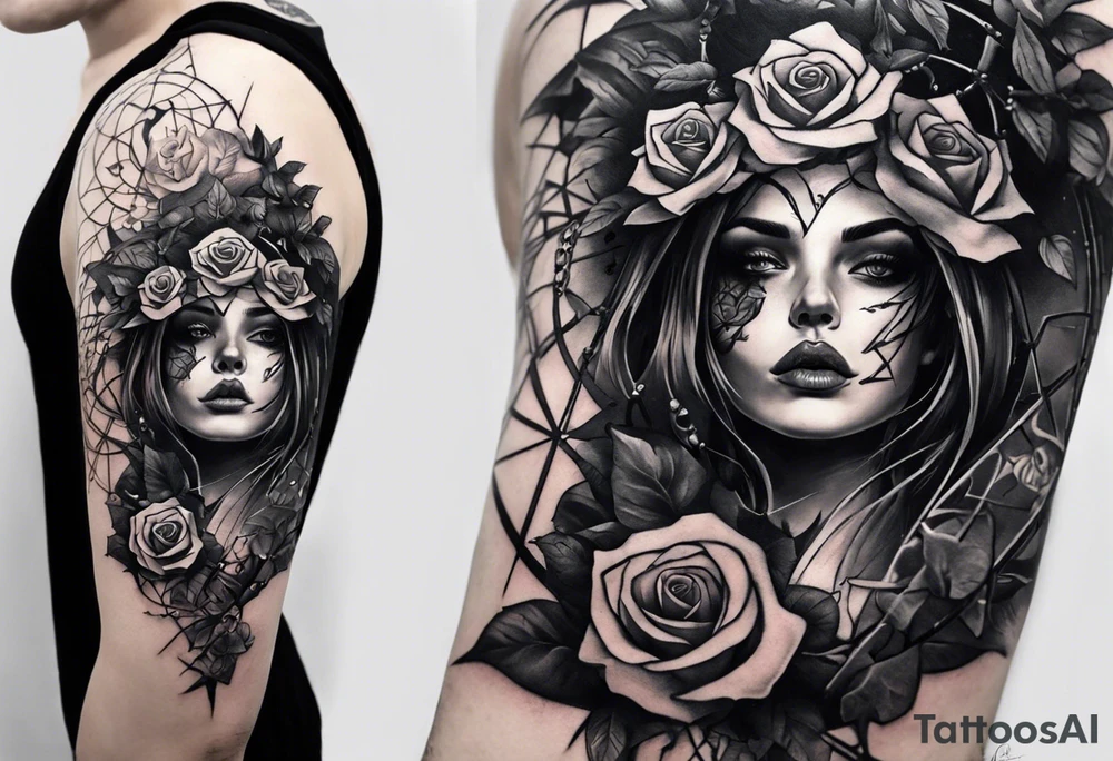 A sleeve tattoo whose elements seem to be connected into one story. Elements on the tattoo: a skull with a rose sticking out of the eye, plants, a girl’s face turning into roots, a destroyed old chain, a broken sword, a butterfly and you can add some connecting elements tattoo idea
