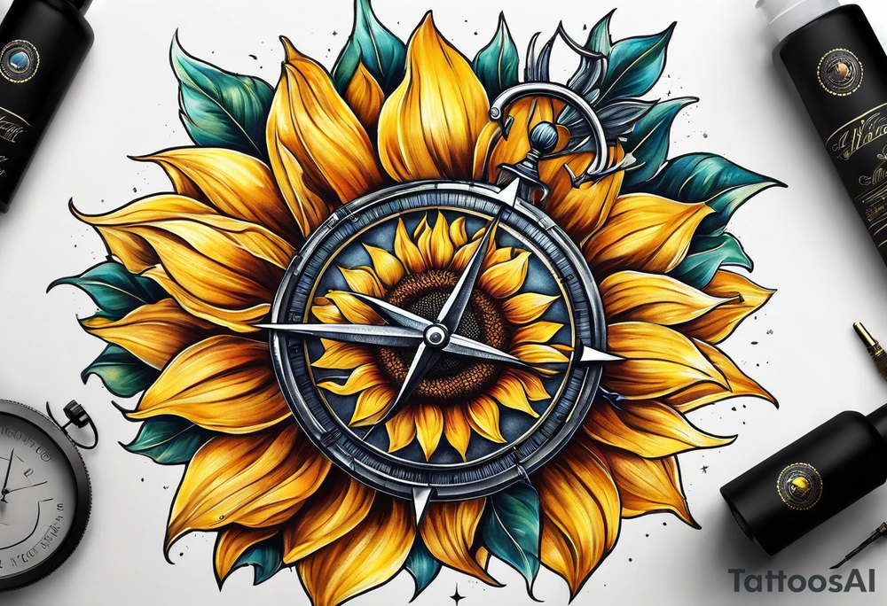 Sunflower next to a compass tattoo idea