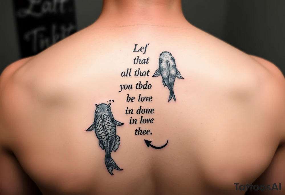 vertical verse going down the spine that says “ Let all that you do be done in love “ with two koi fish One on the Lower left of the verse and the other fish on the upper right of the verse tattoo idea