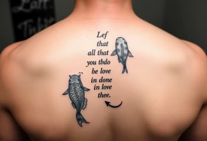 vertical verse going down the spine that says “ Let all that you do be done in love “ with two koi fish One on the Lower left of the verse and the other fish on the upper right of the verse tattoo idea