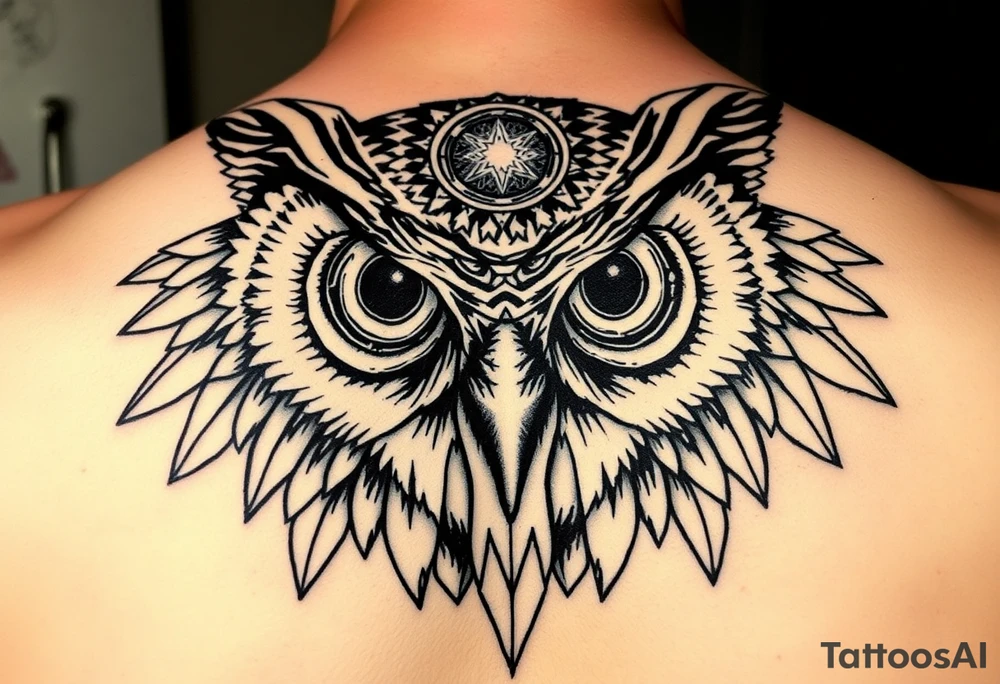 Owl head with large intense tripping on acid colored eyes with cyberpunk style  and geometry and glowing circle on the forhead with no pupils tattoo idea