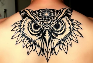 Owl head with large intense tripping on acid colored eyes with cyberpunk style  and geometry and glowing circle on the forhead with no pupils tattoo idea