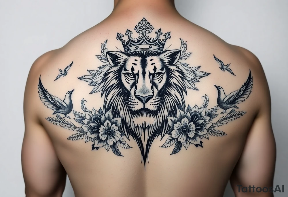 powerful majestic lion with a crown, surrounded by floral ornaments and birds tattoo idea