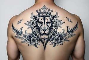 powerful majestic lion with a crown, surrounded by floral ornaments and birds tattoo idea