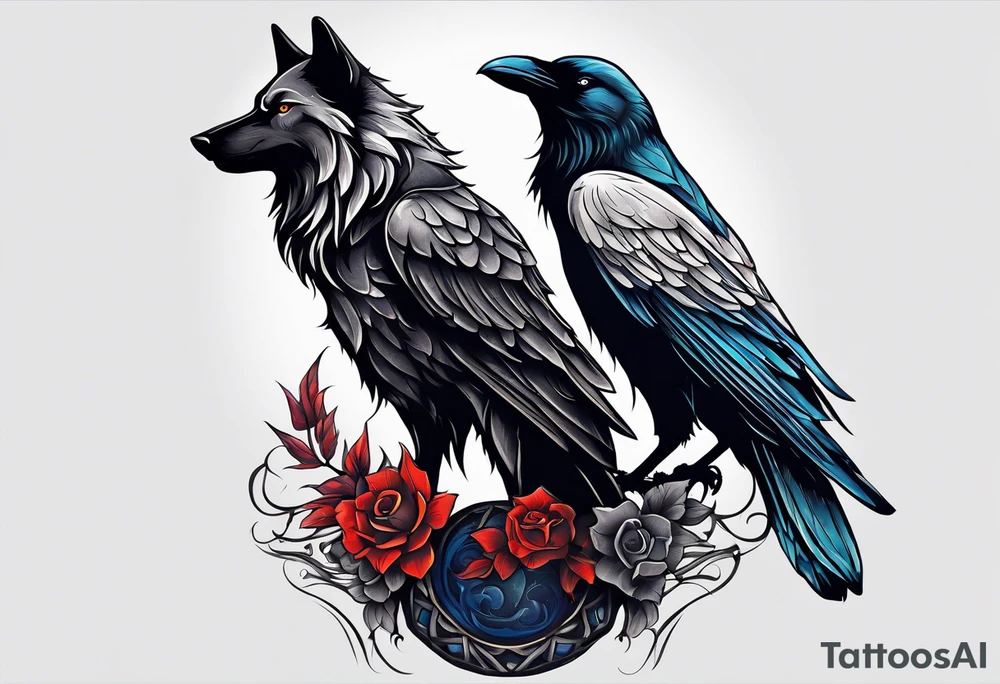 a wolf and a raven back to back facing opposite direction tattoo idea