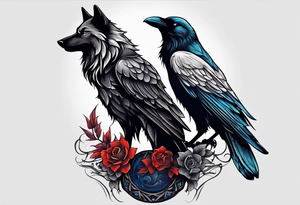 a wolf and a raven back to back facing opposite direction tattoo idea