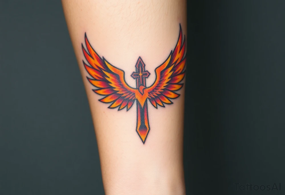 A flaming cross with phoenix wings, colored in shades of red, orange, and yellow, symbolizing rebirth tattoo idea