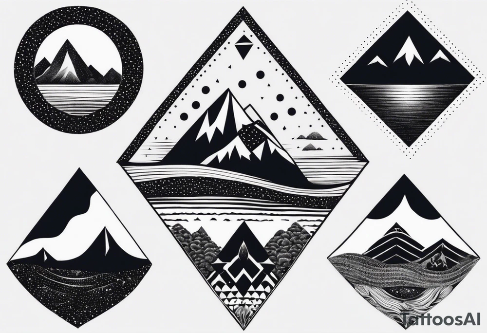 Mountains and ocean waves crashing diamond shape tattoo idea