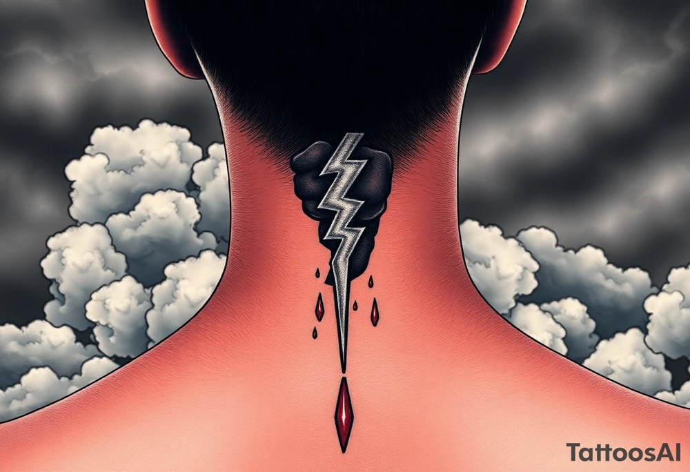 The silhouette of a hand holding a lightning bolt, dripping blood and adorned with silver tribal tattoos, against a backdrop of stormy clouds and dark skies tattoo idea