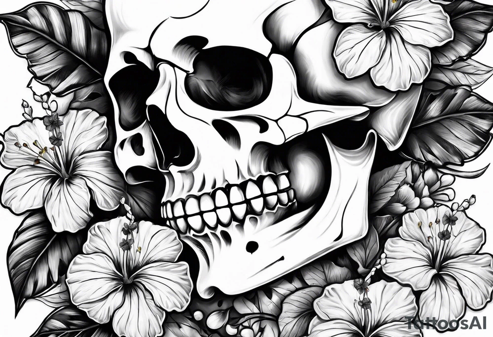 femmale skeleton with hibiscus tattoo idea