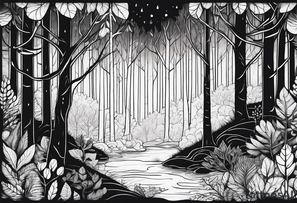 Draw me a Magical forest with s lot of trees in 2D and every tree is black tattoo idea
