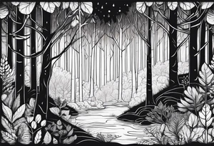 Draw me a Magical forest with s lot of trees in 2D and every tree is black tattoo idea