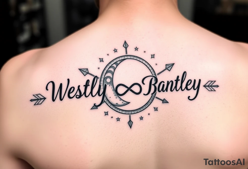 Name tattoo with Wesley Brantley Logan with arrows infinity moon and stars tattoo idea
