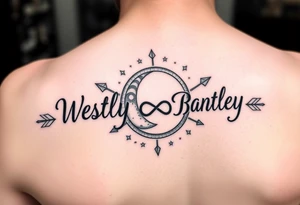 Name tattoo with Wesley Brantley Logan with arrows infinity moon and stars tattoo idea