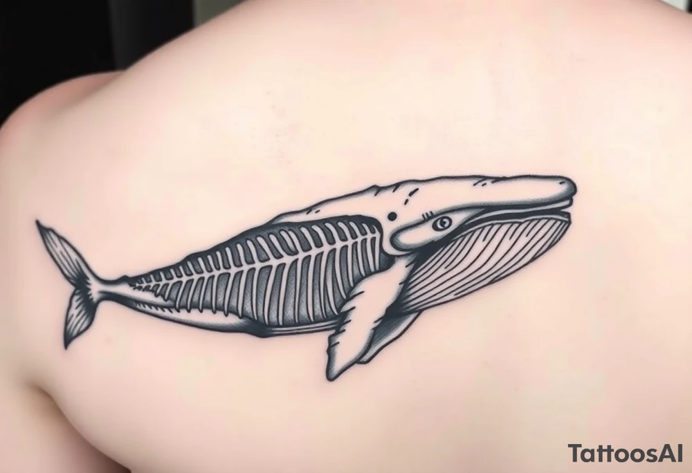 idea is basically a whale that's damaged and torn exposing the skeletal innerts, but it's still fiercely moving forward as hard as it can. on the outline of the whale to have the text : "ただただ生きるのは嫌だ。世界は残酷だ それでも君を愛すよ。" tattoo idea