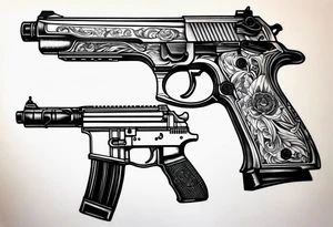 A forearm tattoo that includes an M4 Carbine rifle, a Beretta M9 pistol tattoo idea