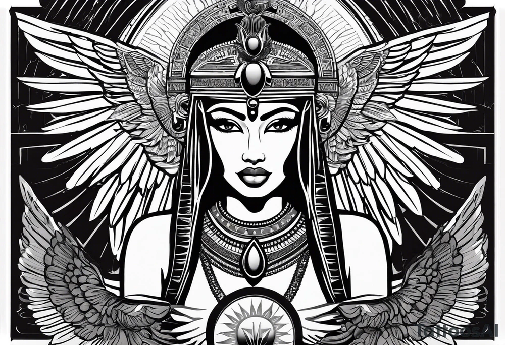 black and white Egyptian goddess Isis, who is often depicted as a woman with outstretched wings, holding an ankh (a symbol of life) in one hand and a lotus flower in the other. Her headdress often includes a throne or a solar disk. The tattoo design can vary in style and size, but it typically aims to capture the essence of this revered Egyptian deity, emphasizing her beauty, power, and maternal qualities. The choice of colors and additional elements can also be customized to create a unique and visually striking representation of the goddess Isis tattoo idea