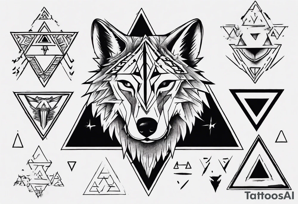wolf head with triforce on forehead and a triangle in the background tattoo idea wolf head with triforce on forehead and a triangle in the background tattoo idea
